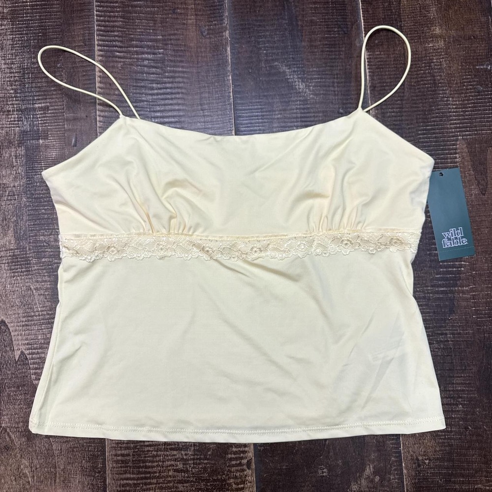Wild Fable yellow lace trim spaghetti strap camo tank top